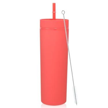 Imagem de Volhoply Copo skinny de plástico de 590 ml, copos de parede dupla com tampa e canudo, caneca de café gelada de viagem reutilizável, copos de água de acrílico fosco sem BPA com canudo para festas