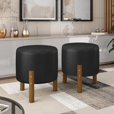Imagem de Kit 2 Puff Banquinho Redondo Decorativo P/Sala Apolo em Courino Pés Madeira Maciça Cor Preto
