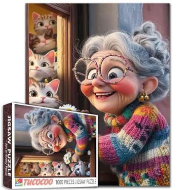Imagem de Quebra-cabeça de 1000 peças de cabelo preto para adultos retrato da avó pintura quebra-cabeça fofo animal gato 1000 peças jogo decoração de parede de casa DIY artesanato quebra-cabeça arte presente