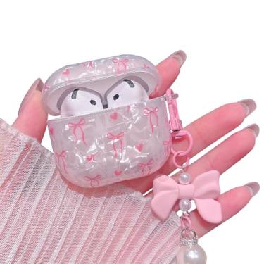 Imagem de MINSCOSE Capa para AirPods 4 com glitter, design moderno de fita de laço com laço e pérola, capa protetora à prova de choque para Apple Airpods iPod 4ª geração para meninas e mulheres - rosa