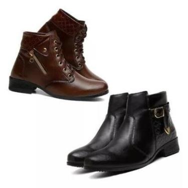 Imagem de 2 Pares Bota Feminina Coturno Chelsea Cano Curto Montaria Salto Grosso Couro Ecologico Frio Inverno-Feminino