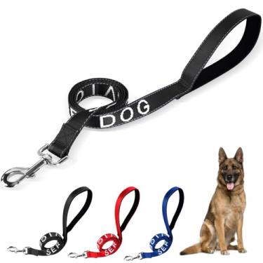 Imagem de YeeBeny Coleira para cães de serviço, coleira de suporte emocional com alça de neoprene e letras reflexivas, material de cão de serviço para colete para arreios, coletes ou coleiras (preta, largura