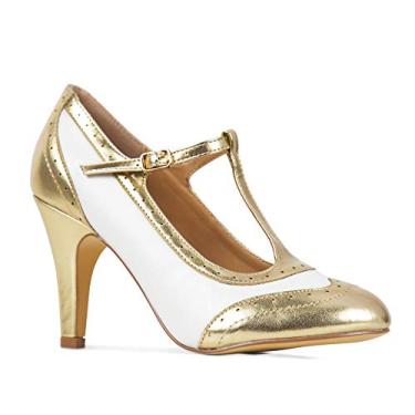 Imagem de J. Adams Tango Heels para mulheres – Sapatos Oxford retrô com tira em T, Ouro branco PU, 11