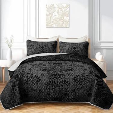 Imagem de AILONEN Conjunto de colcha de caveira gótica preta - Conjunto de cama King Size floral de caveira - 3 peças Boho Tree of Life colcha acolchoada para meninos e meninas adultos com 2 fronhas