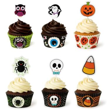 Imagem de Clear Above Envoltórios e topos de cupcake de Halloween - Conjunto de 288 peças (144 embalagens + 144 palhetas) - 6 designs assustadores: milho doce, caveira, coruja, aranha, abóbora, globo ocular