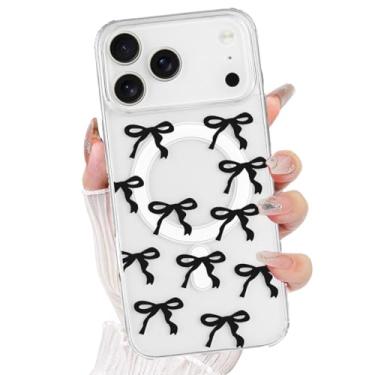Imagem de AuroiCCY Capa magnética para iPhone, [compatível com MagSafe] Linda estampa de fita de laço transparente estética antiarranhões à prova de choque capa protetora para celular (preta, para iPhone Pro)
