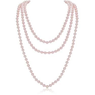 Imagem de GHGMAO Colares de pérolas longas para mulheres, colar de pérolas falsas rosa de 150 cm, colar de pérolas longas para festa de casamento, bijuteria Gatsby dos anos 20