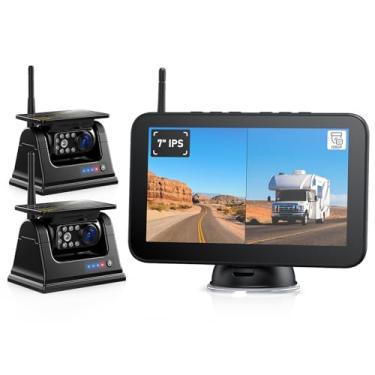 Imagem de ZEROXCLUB Câmera de backup magnética solar sem fio HD 1080p monitor DVR de 7 polegadas, câmeras duplas para trailer, sistema sem fio para reboque de engate, viagem, trailer, 5ª roda, bateria embutida