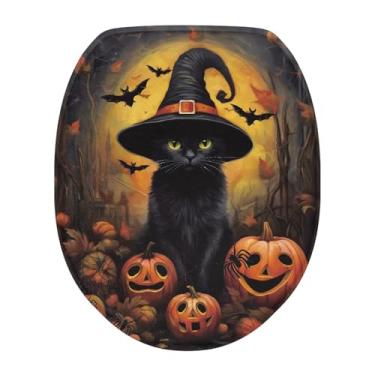 Imagem de Uorisanigo Capas de tampa de vaso sanitário de Halloween para banheiro alongado gato engraçado rosto abóbora capa de assento de vaso sanitário serve apenas para diferentes tamanhos de tampa de vaso