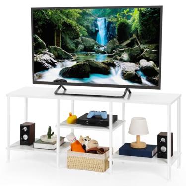 Imagem de BTY Suporte de TV branco para quarto, centro de entretenimento pequeno de 3 níveis com console de mídia industrial de armazenamento para TVs de 127 cm, sala de estar, espaço pequeno