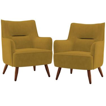 Imagem de Kit 02 Poltronas Decorativa Fixa Pés de Madeira Isabella D02 Veludo Mostarda C-260 - Lyam Decor