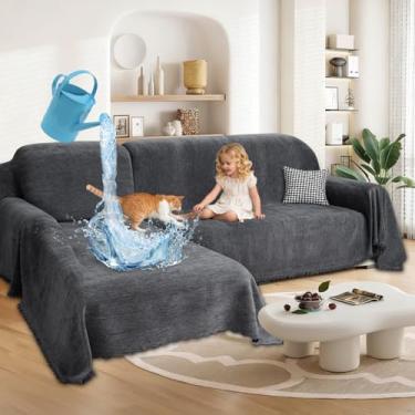 Imagem de ROFASVCO 1OO% capas de sofá seccionais à prova d'água para cães chenille em forma de L conjunto de 2 capas seccionais com borla, protetor de móveis lavável macio para animais de estimação (2GG, cinza