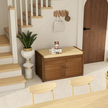Imagem de Wilk Banco de armazenamento de sapatos, armário de sapatos de 2 camadas com almofada de assento acolchoada, banco de entrada de bambu com 2 portas (80 cm (C) x 34 cm (L) x 45 cm (A))