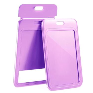 Imagem de Pacote com 3 porta-crachás deslizantes para identidade, estojo protetor de cartão de plástico vertical preto rígido com janela transparente para cartões de identificação de escritório, carteiras de