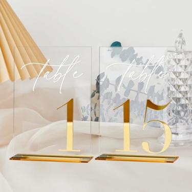 Imagem de Números de mesa de casamento de acrílico 1-15 com suportes, placas de acrílico transparente de 12,7 x 17,8 cm com números espelhados dourados 3D, números de mesa 4D transparentes e dourados para