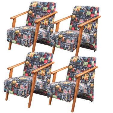 Imagem de Kit 4 Poltronas Venus 1 Lugar Braço Madeira Maciça Tecido Suede Retro Bar 107