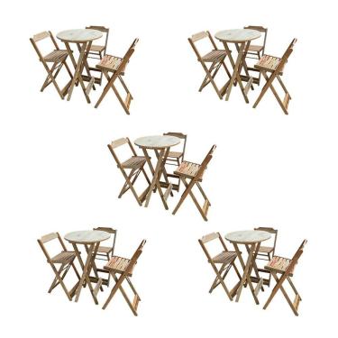 Imagem de Kit 5 Jogos De Mesas Bistrô De Madeira Dobrável Com 3 Banquetas - Crua