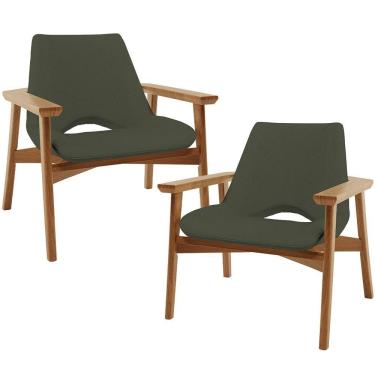 Imagem de Kit 02 Poltronas Decorativa Para Sala De Estar Living Base Madeira Becker L02 Linho Verde Musgo - Lyam Decor