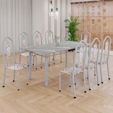 Imagem de Conjunto De Mesa Tubular 8 Cadeiras 180x75cm Mart Perola Com Tampo Em Granito Ocre Brenda 050 - Tudo De Móveis Preto Floral
