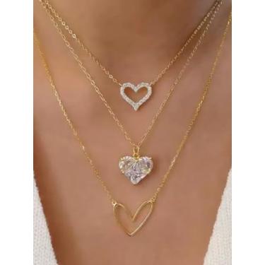 Imagem de Colar feminino com pingente de coração, corrente em camadas em tom dourado com pingente de imitação de diamante