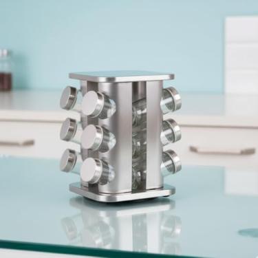Imagem de Organizador Giratório de Temperos com 12 Potes, Base 360°, Aço Inox e Vidro, 21cm x 16cm, Suporte para Condimentos com Tampa Hermética
