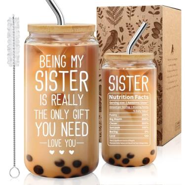 Imagem de MOREYUYEE Copo de vidro presente para irmã - os únicos presentes que você precisa, xícaras de café de 473 ml com tampa e canudo, presentes para mulheres, aniversário, Natal, presente de formatura para