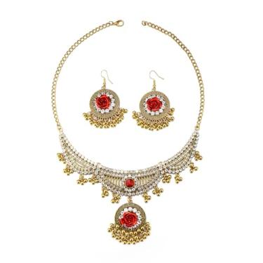 Imagem de Boho Rose Flower Bead Indian Jhunka Conjunto de joias para mulheres CZ bola floral borla pingente gancho declaração brincos corrente ajustável babador colar gargantilha colar oxidado tradicional