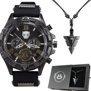 Imagem de Relogio Masculino Pantera Preto Aço Inox + Corrente Cordão Analogico Presente Casual Original Social