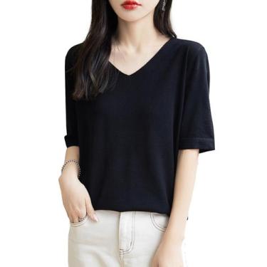 Imagem de Camisa de camada base Chanyarn 100% lã merino com decote em V para mul