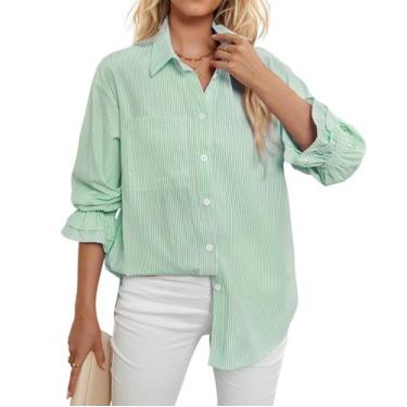 Imagem de Camisa feminina WHO IN SHOP listrada com botões verde e branca