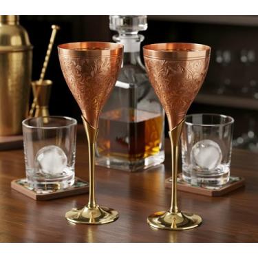 Imagem de eSplanade Taça de vinho de latão banhado a cobre gravado, taças de champanhe, conjunto de duas taças - Ideal para Moscow Mule também