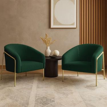 Imagem de Poltrona Sala Industrial Alta Dourado Kit 2 Stella Bouclê D03 - D`rossi Cor Verde