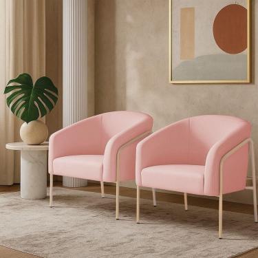 Imagem de Poltrona Sala Industrial Alta Champanhe Kit 2 Stella Suede D03 - D`rossi Cor Rosa Bebê