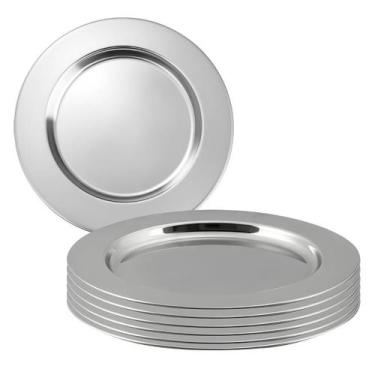 Imagem de Kit 6 Sousplat Redondo Mesa Posta Jantar Em Aço Inox Prateado 32cm - C