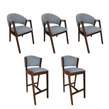 Imagem de Kit 3 Cadeiras De Jantar Helen Com 2 Banquetas Ana Madeira Maciça Premium Linho Cinza