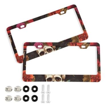 Imagem de SEHANY Molduras de placa de carro vintage rosa crânio, capas de alumínio à prova de ferrugem com furos elípticos e parafusos serve para veículos padrão dos EUA tamanho acessórios de carro para