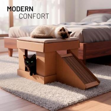 Imagem de Casa Gato Kubo Toca com 2 Arranhadores, Rampa e Almofada Cama - Karton