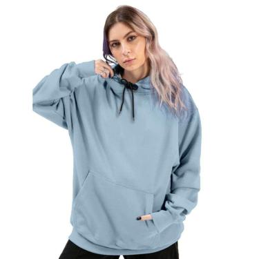 Imagem de Blusa de Frio Moletom Liso Feminino Relaxado Com Capuz E Bolso Canguru-Feminino