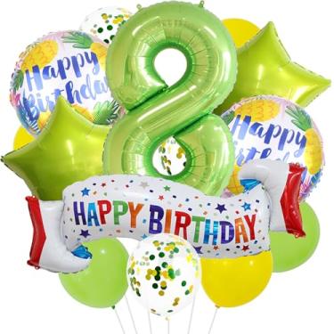 Imagem de Conjunto de decoração verde de 8 anos, balão de 8º coração, balão colorido de feliz aniversário de 8 anos para meninas, meninos, crianças, adultos, artigos de festa, meninos, verde limão, número 8