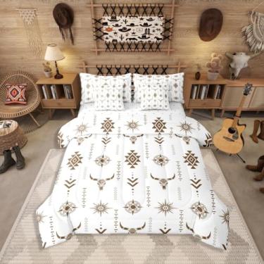 Imagem de Jogo de cama Queen rústico de caveira de touro, 7 peças, cama asteca étnica ocidental em uma bolsa, conjunto de cama de diamante geométrico, inclui edredom, conjunto de lençol, fronhas e fronhas