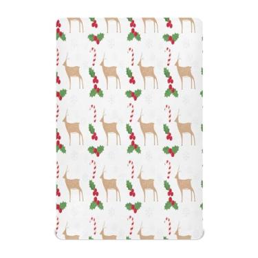 Imagem de Qilmy Lençóis de berço de cervo brincalhões de Natal, macio e respirável, de microfibra elástica, lençol com elástico para meninos e meninas, 132 x 71 cm, capa de colchão infantil portátil