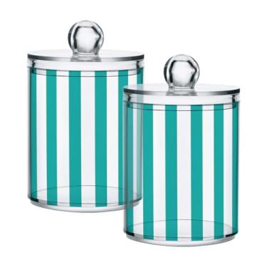 Imagem de Qilmy Pacote com 2 suportes Aqua White Stripes Qtip, frascos de boticário de 400 ml, vasilha organizadora de banheiro para cotonetes, bolas de algodão, almofadas de maquiagem, fio dental, sais de