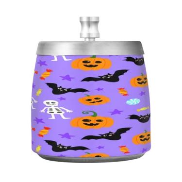 Imagem de Qilmy Face Pumpkins Cinzeiro de aço inoxidável com tampa - Cinzeiro de cigarro à prova de vento sem cheiro sem fumaça para casa, escritório, carro, pátio, varanda (uso interno e externo)