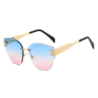 Imagem de HCHES Óculos de Sol Retangulares de Luxo Sem Armação com Lentes Degradê para Mulheres e Homens com Armação de Metal e Proteção UV400 (Dourado, Azul e Rosa)