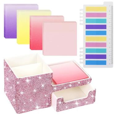 Imagem de Multibey Conjunto organizador de notas adesivas com glitter, organizador de mesa rosa com gaveta, 200 folhas, notas adesivas transparentes de 7,6 x 7,6 cm e abas estéticas com régua, material escolar