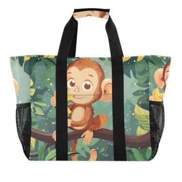 Imagem de ODAWA Linda bolsa de lona de macaco com folhas verdes, bolsa de praia diária para mantimentos, Lindo desenho animado macaco folhas verdes, One Size