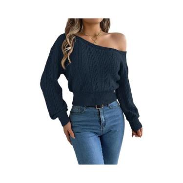Imagem de Suéter Feminino De Tricô Com Ombros À Mostra E Manga Longa Casual Eleg