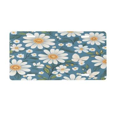 Imagem de Margarida azul e branco placa de licença para a frente do carro placas de carro alumínio metal adequado para caminhão placa de porta de carro bar café acessórios automotivos para homens mulheres 15 x
