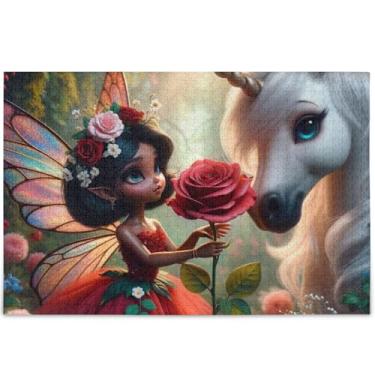 Imagem de Quebra-cabeças personalizados de unicórnio de fada 500 peças para decoração de casa adulto cena artística quebra-cabeças coloridos amantes de elefantes brancos, presentes, 52 x 37,8 cm
