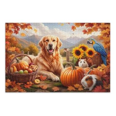 Imagem de Quebra-cabeça 1000 peças para adultos outono Golden Retriever cão animal arte decoração família divertido jogo de quebra-cabeça presentes, 75 x 40 centímetros